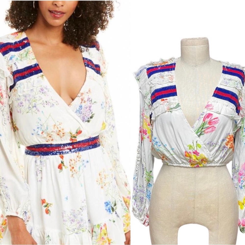 Rococo Sand White Floral Wrap Blouse with Blue & Red Embroidered Trim